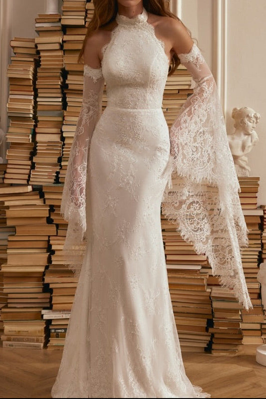 Halter Lace Open Back Wedding Dress