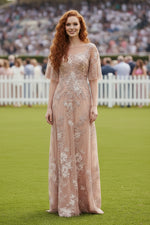 Illusion Lace A-Line Gown with Flutter Sleeves