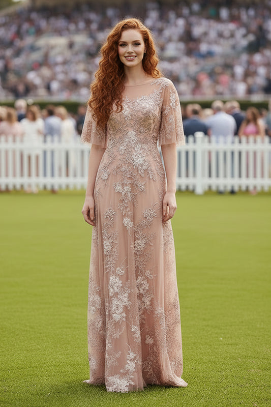 Illusion Lace A-Line Gown with Flutter Sleeves