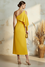 Elegant One Shoulder Cape Detail Midi Dress