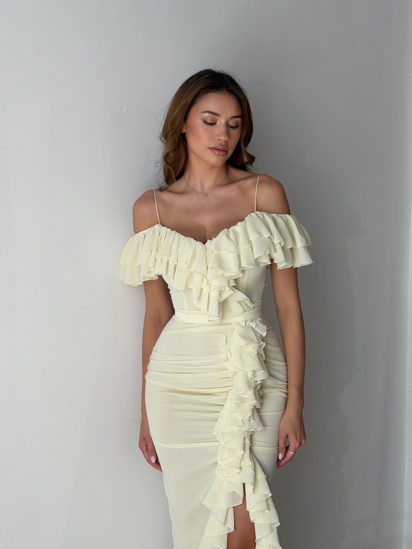 Off-the-Shoulder Ruched Ruffle Maxi Dress