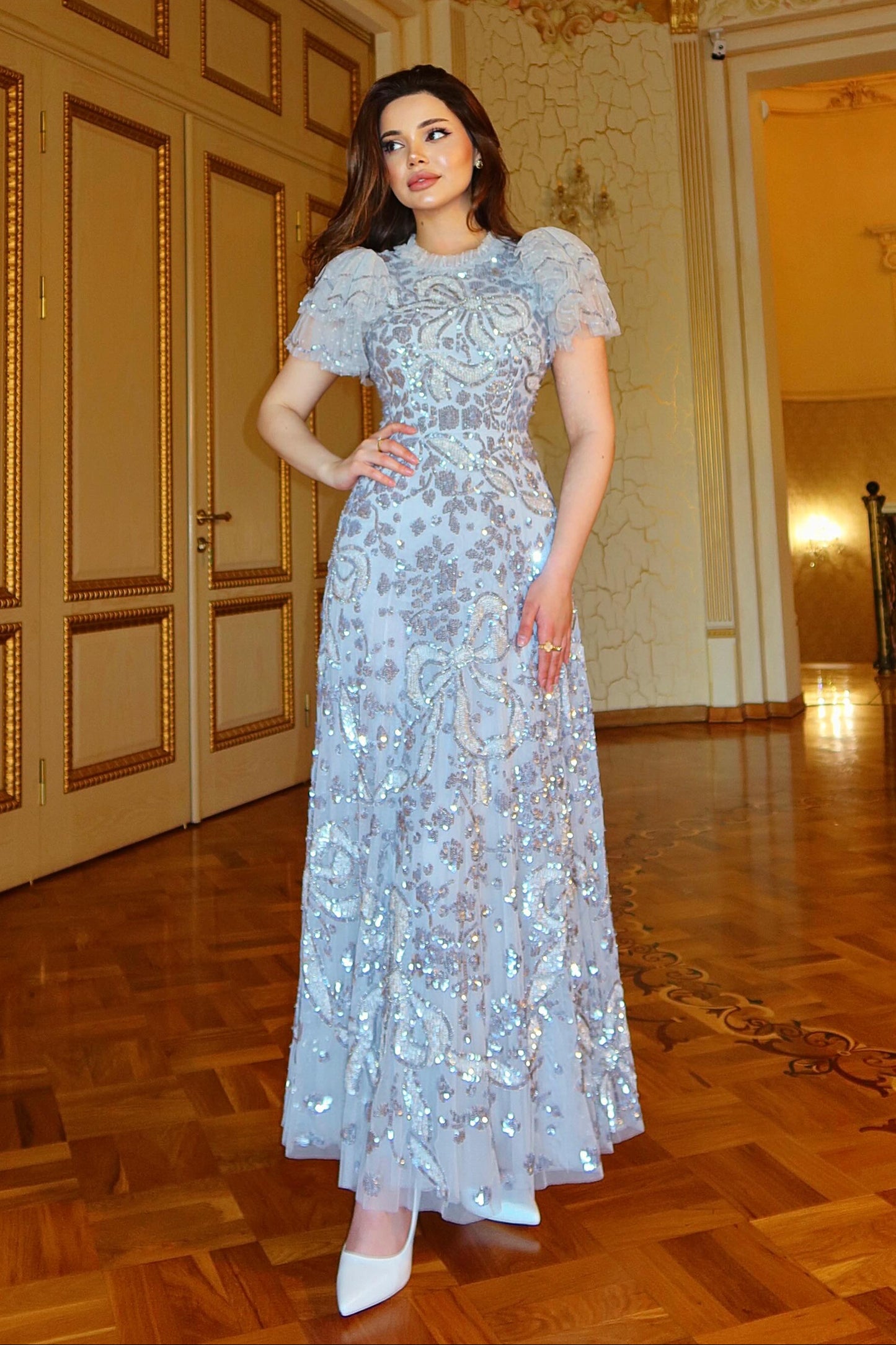 A-Line Sequin Tulle Evening Gown with Ruffle Sleeves
