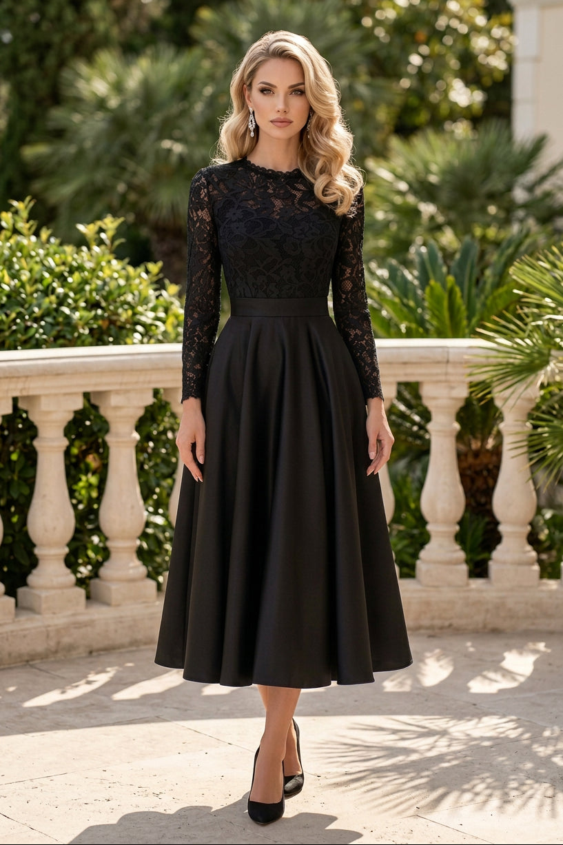 Lace Long Sleeve Midi Dress with Satin Skirt