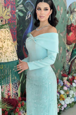 Off-The-Shoulder Long Sleeve Beaded Evening Gown