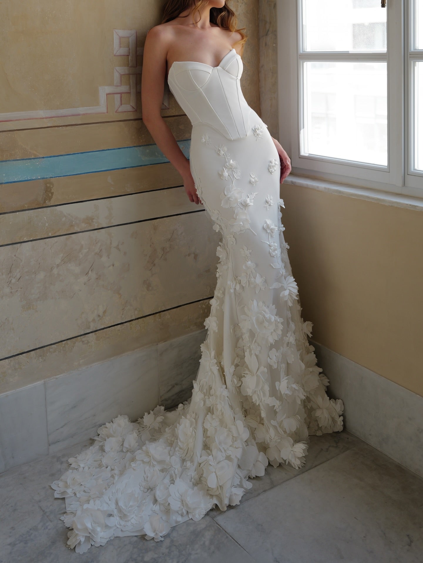 Strapless Corset Mermaid Wedding Dress with 3D Flowers