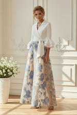 A-Line Wrap Top Maxi Dress with Embroidered Floral Skirt
