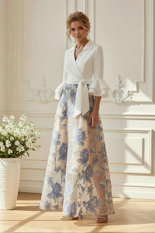 A-Line Wrap Top Maxi Dress with Embroidered Floral Skirt