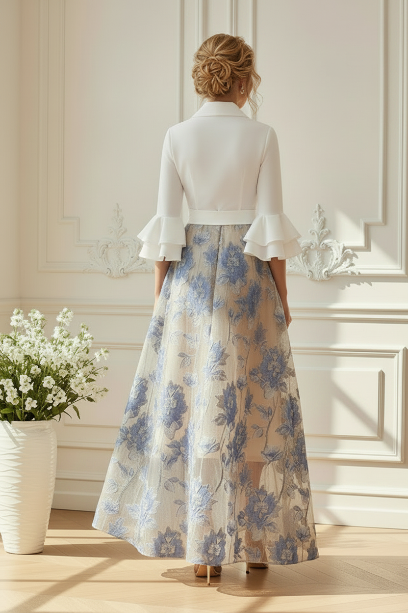 A-Line Wrap Top Maxi Dress with Embroidered Floral Skirt