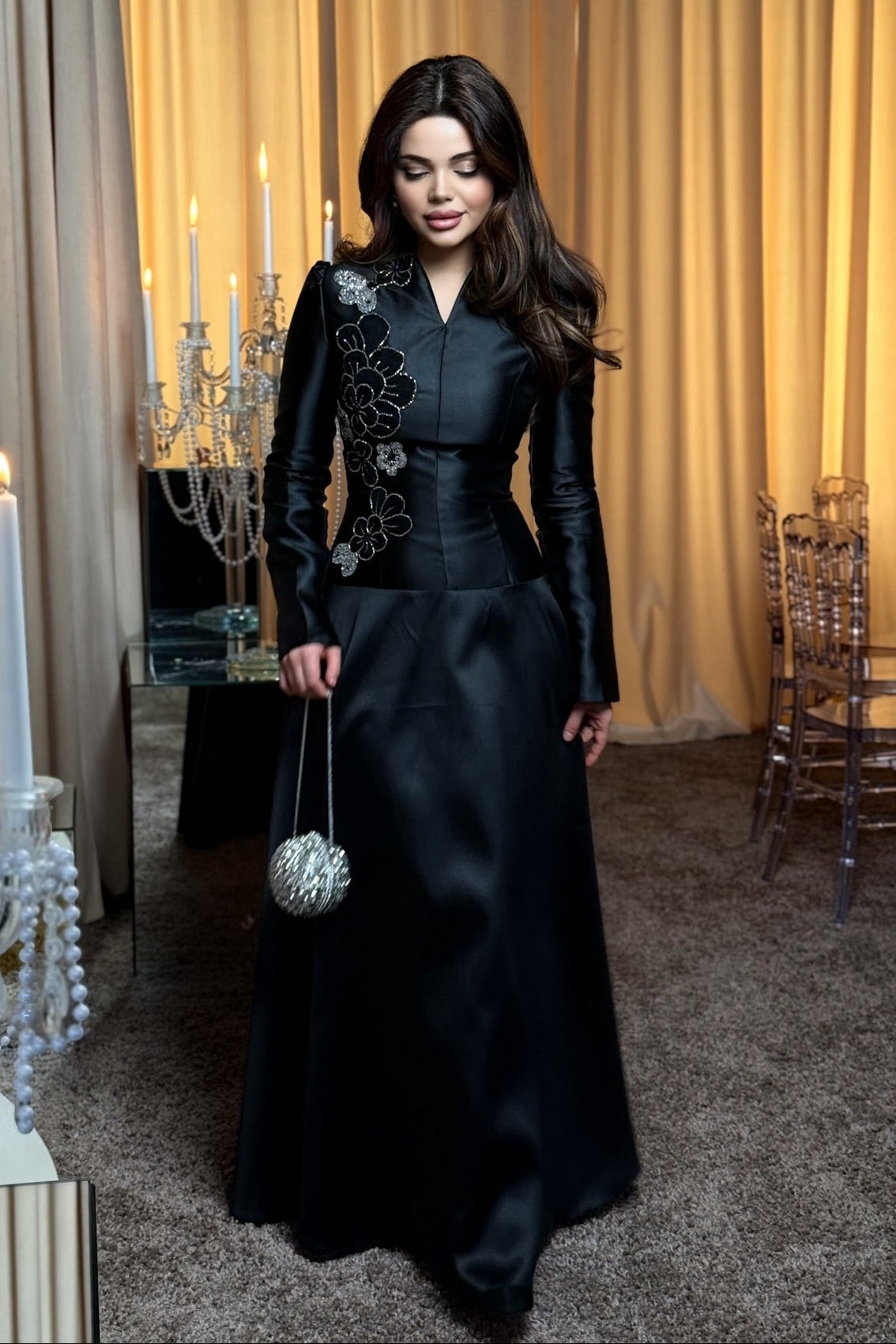 Elegant Long Sleeve Satin A-Line Evening Gown