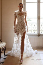 High Neck Illusion Lace Wedding Dress with Slit