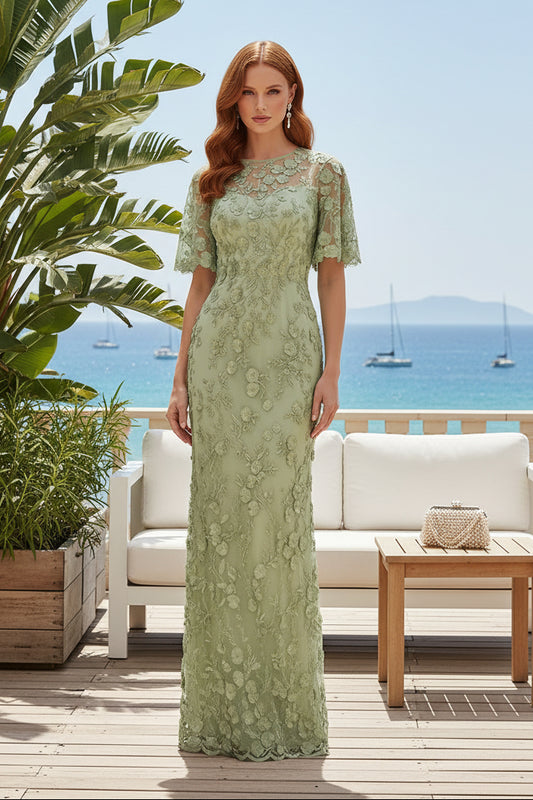 Floral Lace Illusion Sleeve Floor-Length Formal Gown