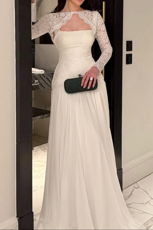 Long Sleeve Lace Square Neck A-Line Wedding Dress