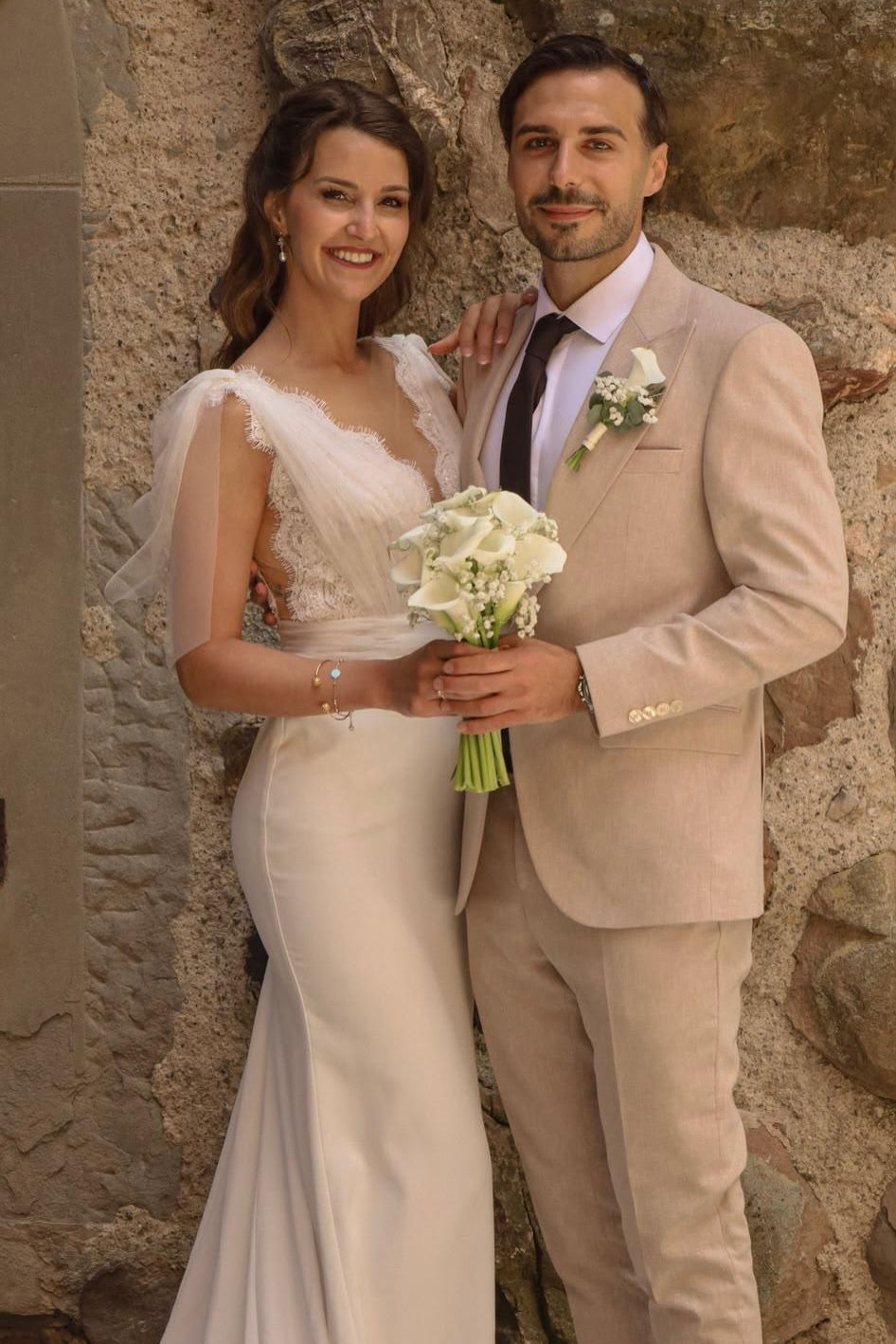 Lace V-Neck Bridal Gown with Tulle Shoulder Ties