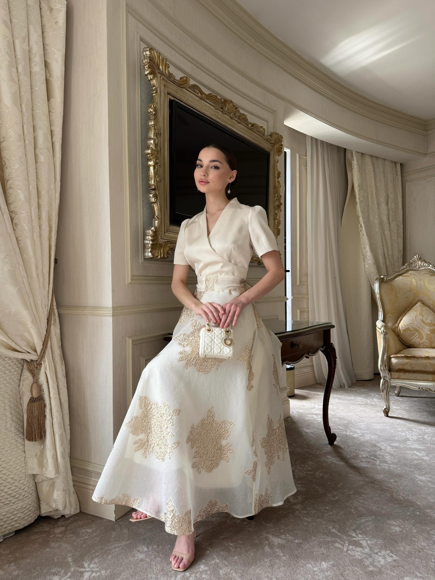 A-Line Wrap Bodice Midi Dress with Floral Appliques