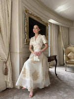 A-Line Wrap Bodice Midi Dress with Floral Appliques