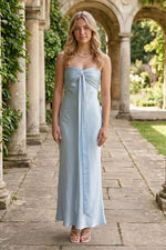 Strapless Satin Maxi Dress with Front Tie Drape