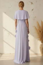 Elegant Lilac Crepe Cape Dress with 3D Floral Appliqués