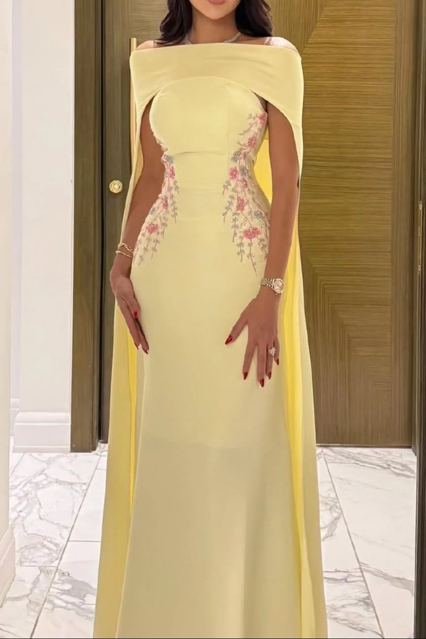 Cape Formal Gown with Side Floral Embroidery