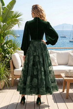 High-Neck Velvet Bodice Floral A-Line Dress