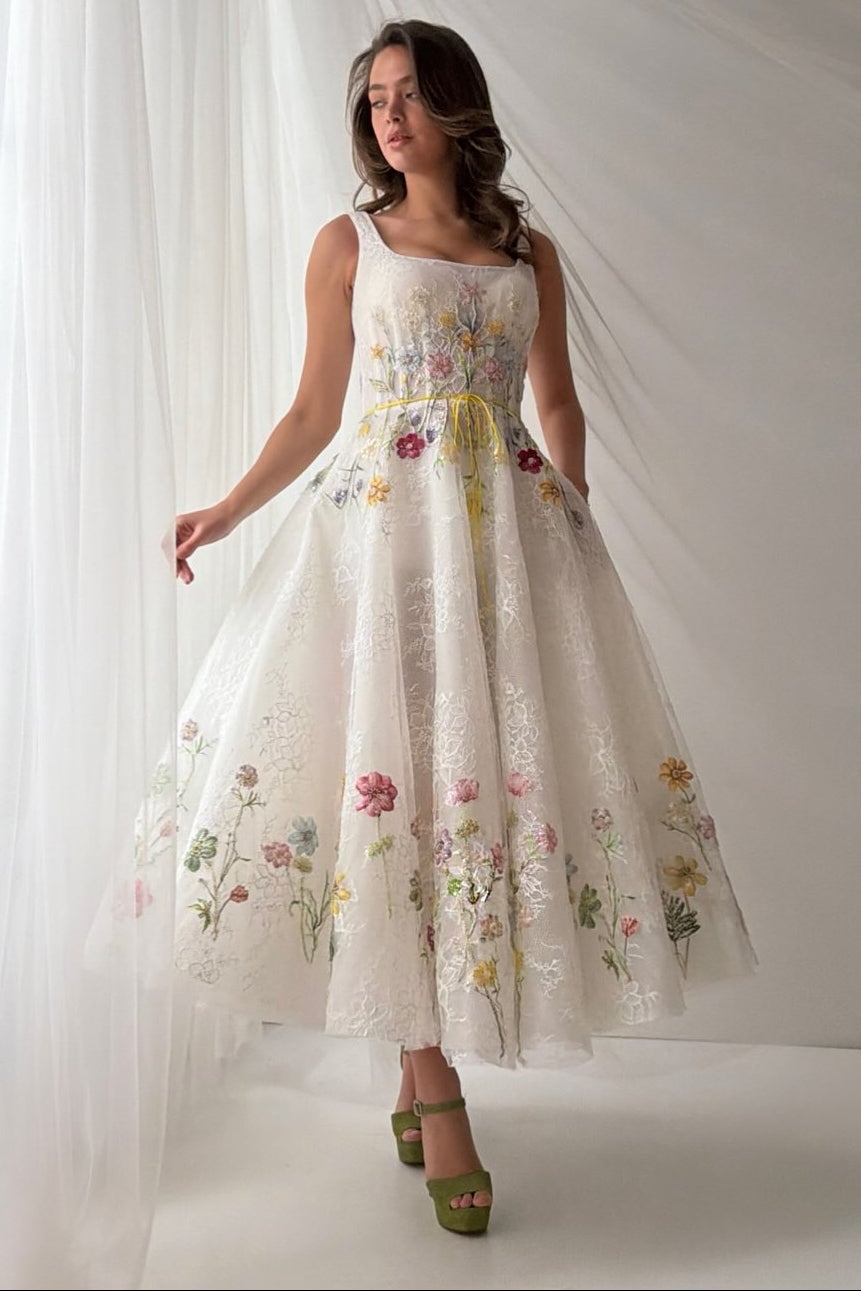 Floral Embroidered Tea-Length Dress