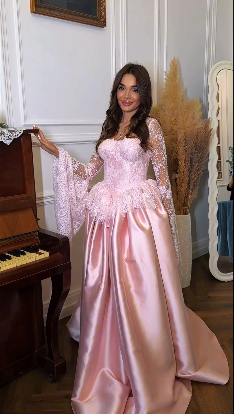 Lace Peplum Ball Gown with Flared Sleeves