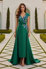 Embroidered High-Low Satin Gown with V-Neck
