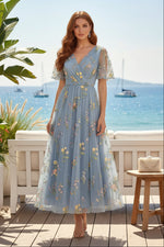 Embroidered Tulle V-Neck Midi Dress with Flutter Sleeves