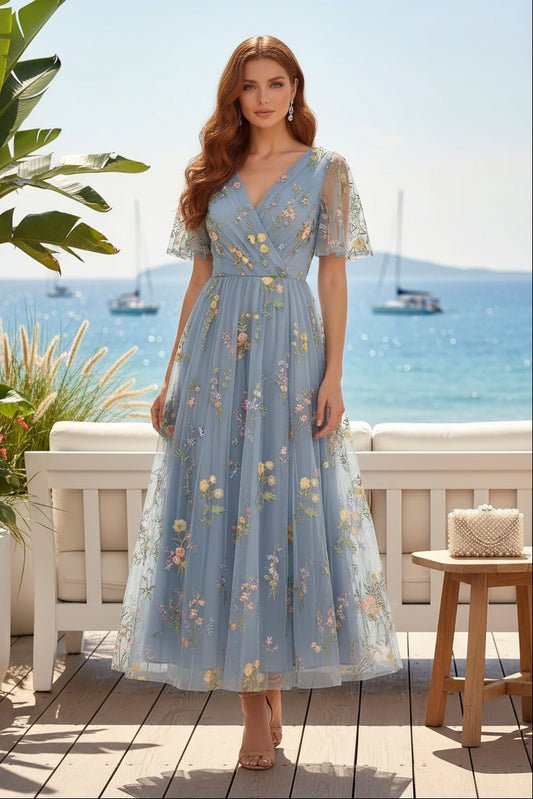 Embroidered Tulle V-Neck Midi Dress with Flutter Sleeves