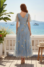 Embroidered Tulle V-Neck Midi Dress with Flutter Sleeves