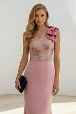 One-Shoulder Floral Satin Evening Gown