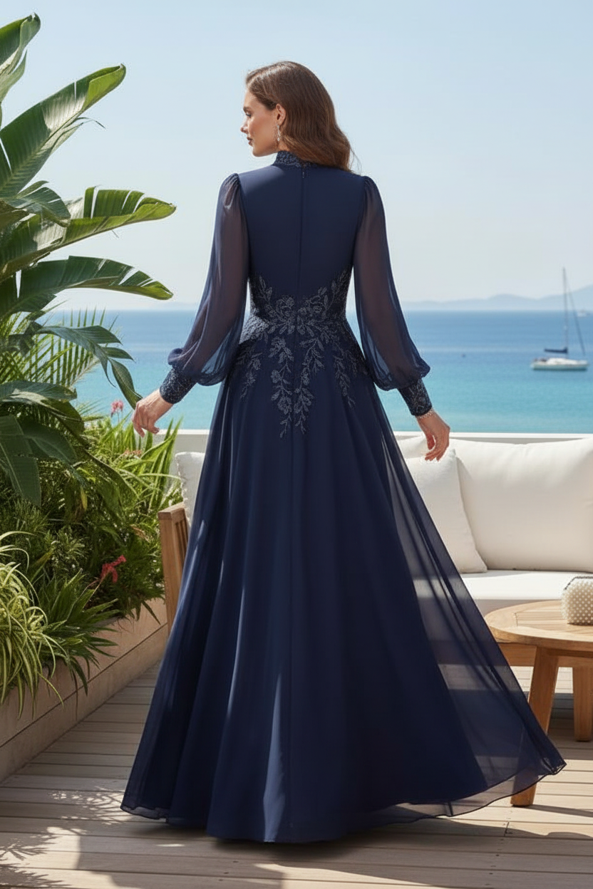Embroidered Keyhole High Neck Gown with Bishop Sleeves