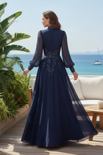 Embroidered Keyhole High Neck Gown with Bishop Sleeves