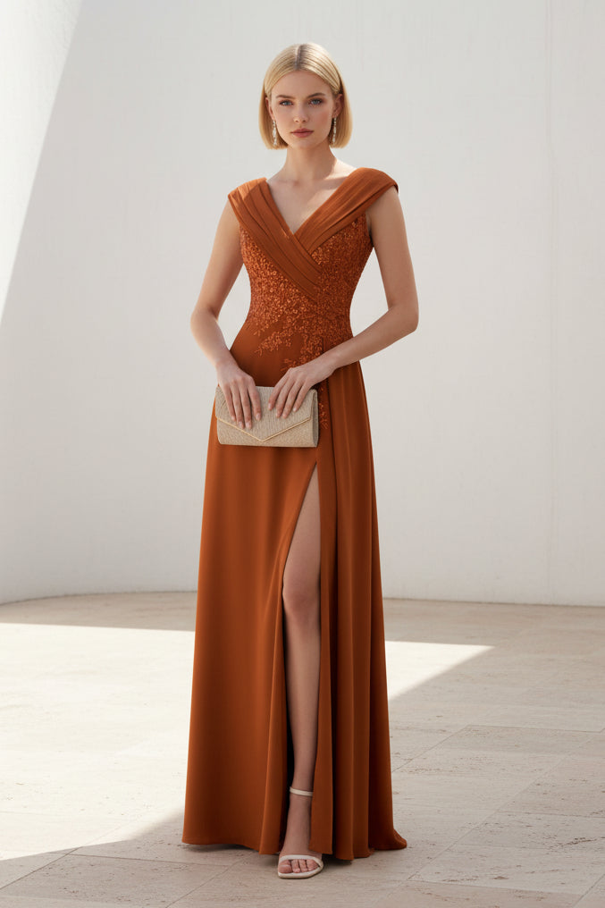 Sequin-Embellished V-Neck Gown with High Slit