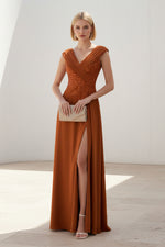 Sequin-Embellished V-Neck Gown with High Slit
