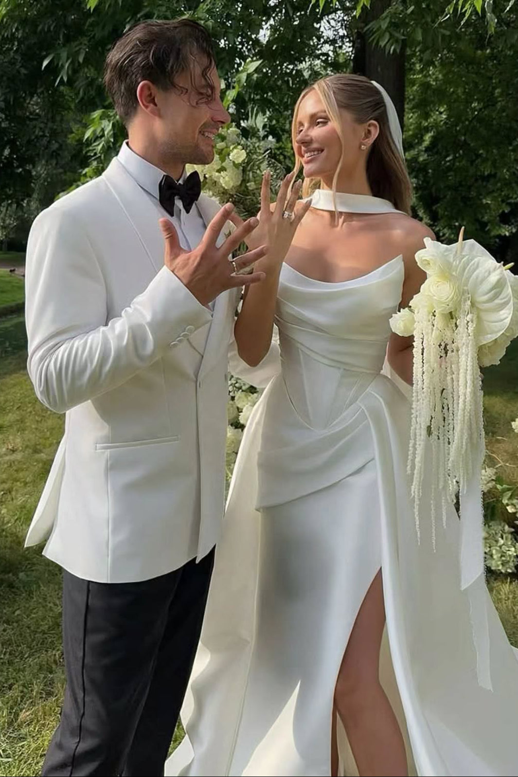 Cowl Neck Satin Wedding Dress with High Slit