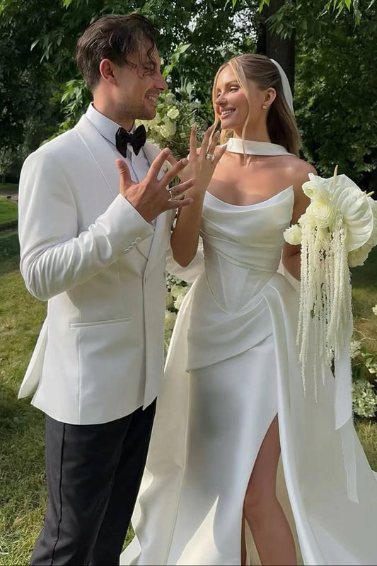 Cowl Neck Satin Wedding Dress with High Slit