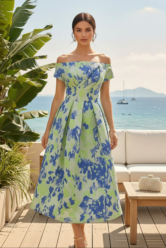 Off-the-Shoulder Pleated Jacquard Midi Dress