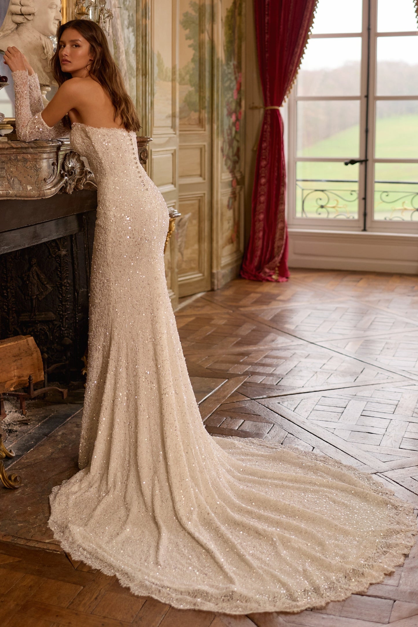 Sequin Strapless Sheath Wedding Dress with Train