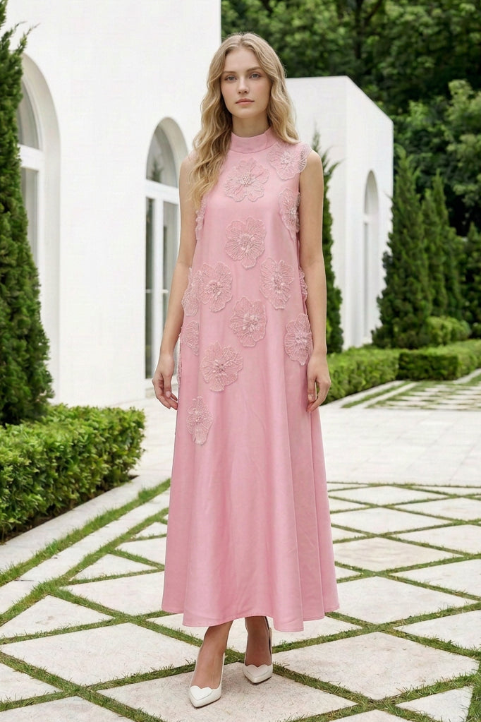 Floral Applique High Neck Midi Dress with Back Bow