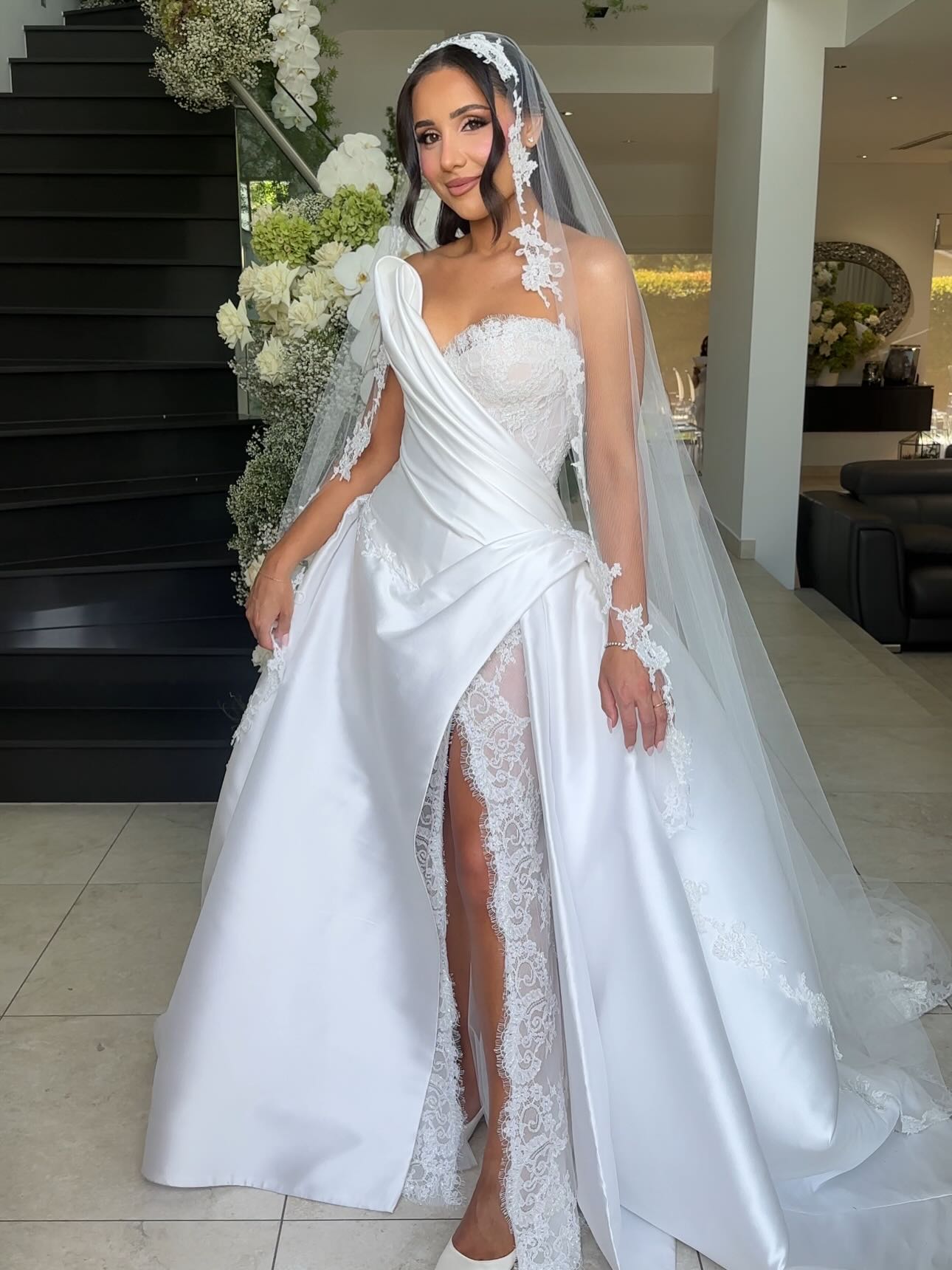 Strapless Lace Satin Overskirt Wedding Dress