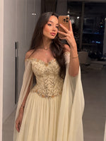 Off-The-Shoulder Beaded Corset Cape Sleeve Gown