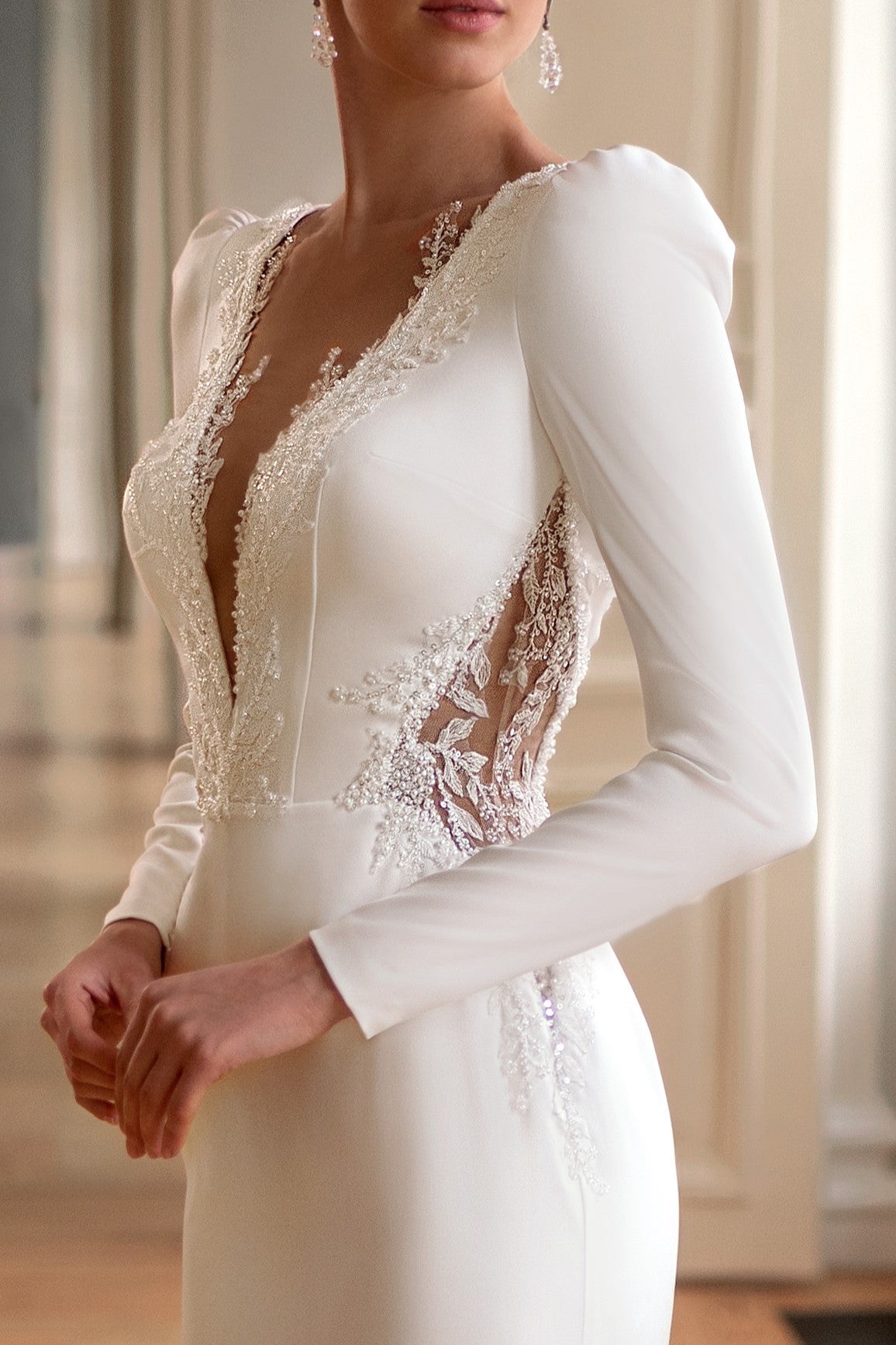Long Sleeve Crepe Fit and Flare Wedding Dress