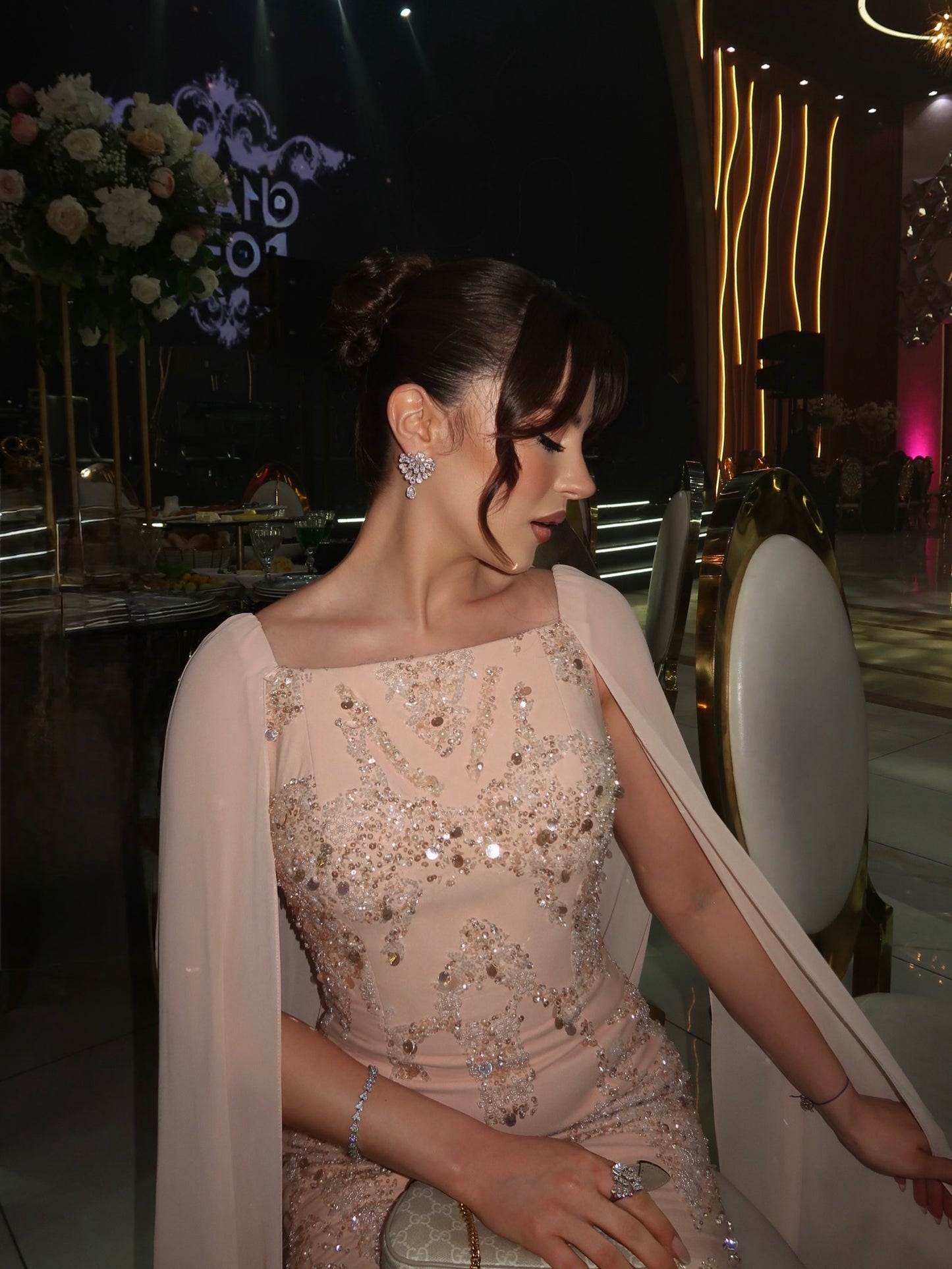 Beaded Cape Column Gown with Feather Hem