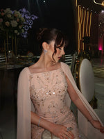 Beaded Cape Column Gown with Feather Hem