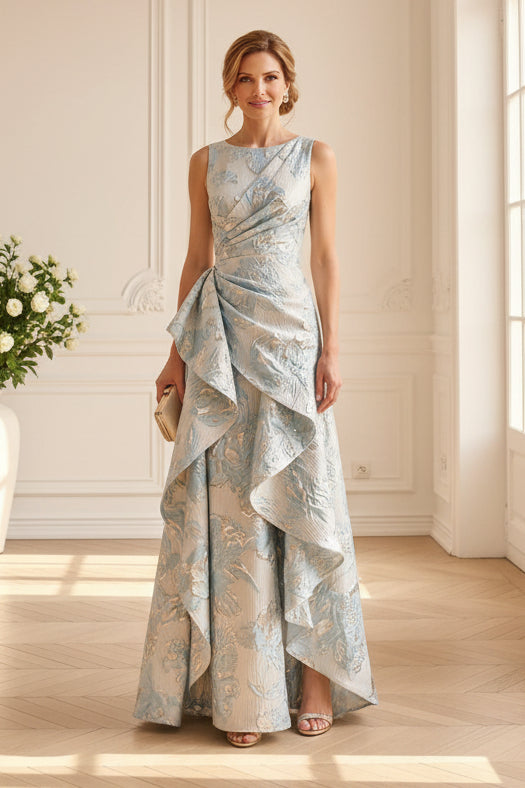 Floral Jacquard Ruffle Evening Gown
