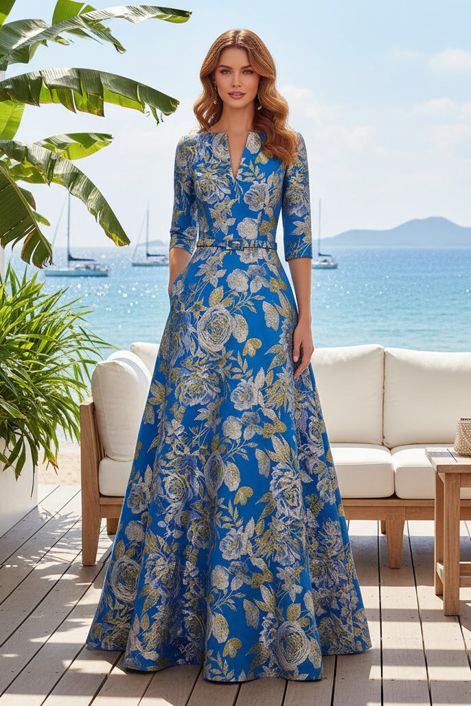 Floral Jacquard A-Line Evening Gown with Sleeves