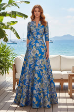 Floral Jacquard A-Line Evening Gown with Sleeves