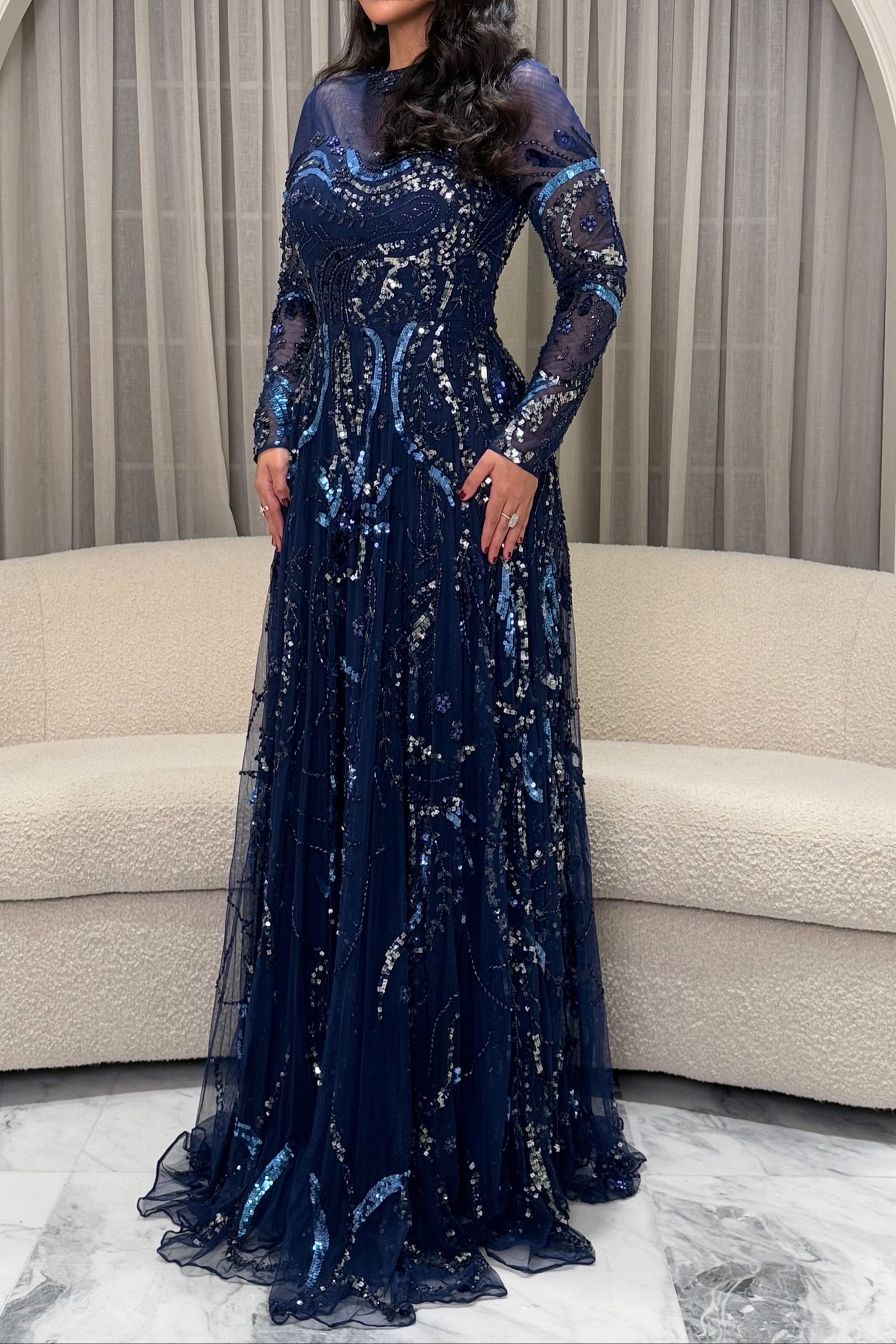 Sequined Long Sleeve A-Line Evening Gown
