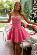 Strapless Pearl Embellished A-Line Mini Dress