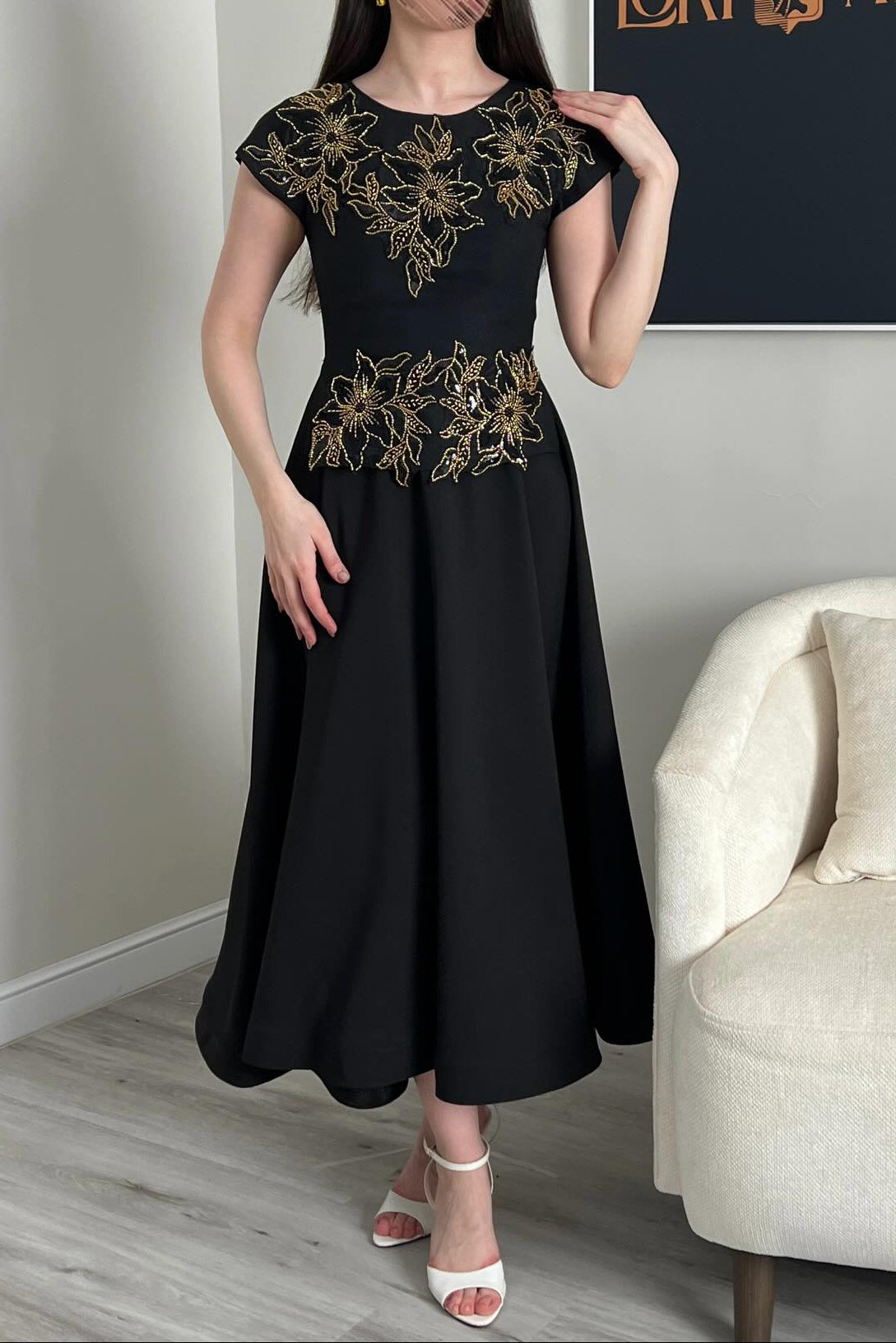 Embroidered Cap Sleeve Midi Dress